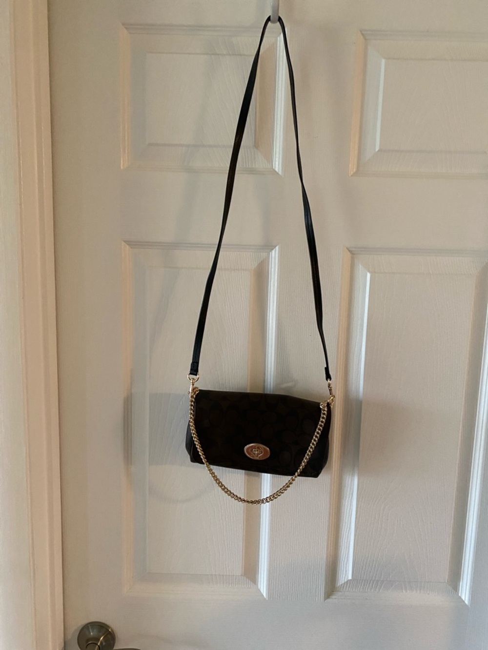 Coach Brown and Black Signature Crossbody with Gold Hardware
